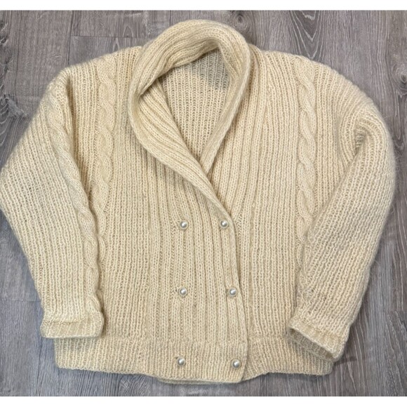 Oversize Cardigan VTG 90s Cream XL Comfy Mohair Wool Blend Shawl Collar Sweater - Picture 4 of 6